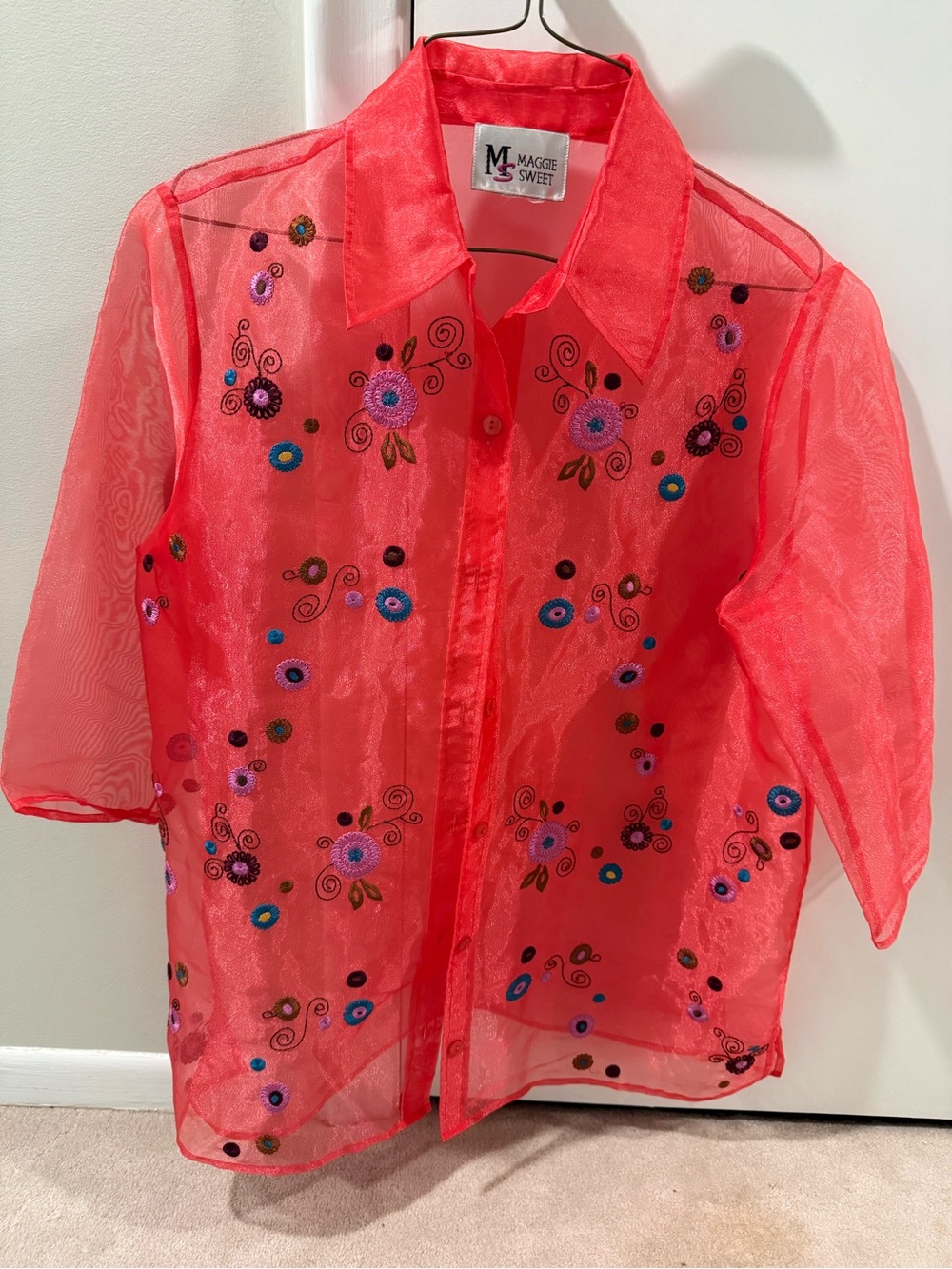 Maggi Sweet Sheer Coral Embroidered Button-Up
